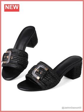 Raffia Heeled Sandals Women Block Heel Mules Open Toe Slip On Woven Summer Shoes